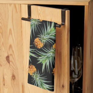 Tropical Pineapple Pattern on Black Kitchen Towel