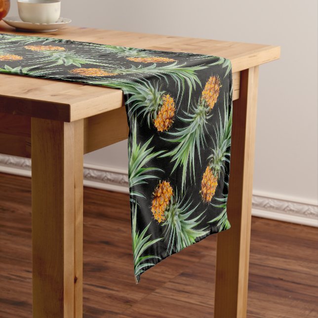 Tropical Pineapple Pattern on Black Short Table Runner (In Situ)