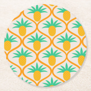 Tropical Pineapple Pattern on Orange Ogee Round Paper Coaster