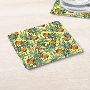 Tropical Pineapple Pattern on Yellow Square Paper Coaster