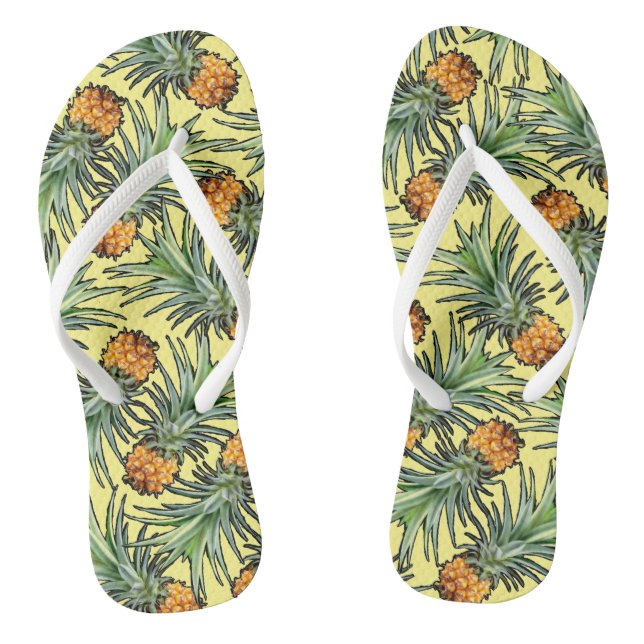 Tropical Pineapple Pattern on Yellow Summer Flip Flops (Footbed)