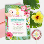 Tropical Pineapple Pink Flamingo Bachelorette Luau Invitation<br><div class="desc">Wedding bachelorette luau party invitations feature a pretty pink flamingo with pineapple and lush frame of green palm leaf fronds and tropical hibiscus flowers in shades of hot pink, sunshine yellow, and white. Stylish text with aqua blue banner title can be fully-personalized. Background colour is seafoam blue / green. A...</div>