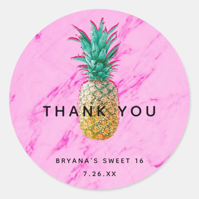 Tropical Pineapple & Pink Marble Chic Party Favour Classic Round Sticker (Front)