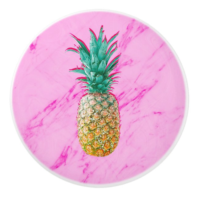 Tropical Pineapple & Pink Marble Modern Colourful Ceramic Knob (Front)