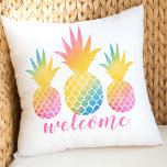Tropical Pineapple Pink Rainbow Watercolor Welcome Outdoor Pillow<br><div class="desc">Tropical style throw pillow features welcome in pink script overlapping three vibrant rainbow coloured pineapples with a watercolor tie-dye gradient look. So chic for your vacation beach house or summer home decor.</div>