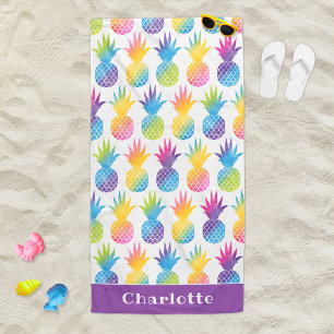 Tropical Pineapple Purple Watercolor Custom Name Beach Towel
