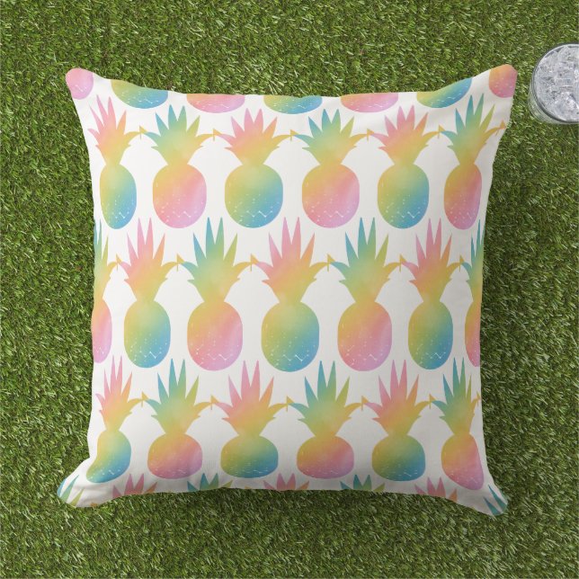 Tropical Pineapple Rainbow Watercolor Pattern Outdoor Pillow (Grass)