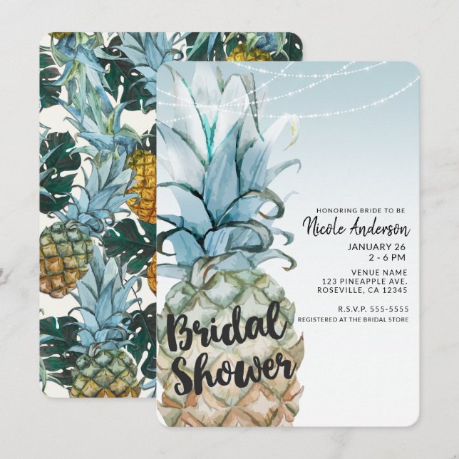 Tropical Pineapple & String Lights Bridal Shower Invitation (Front/Back)