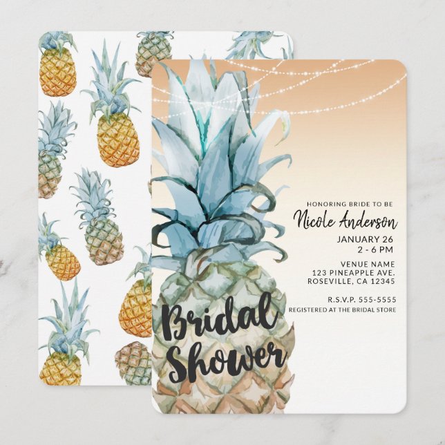 Tropical Pineapple & String Lights Bridal Shower Invitation (Front/Back)