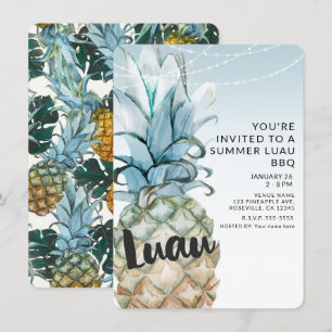 Tropical Pineapple & String Lights Summer Luau BBQ Invitation