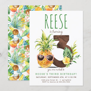 Tropical Pineapple Third Birthday Invitation