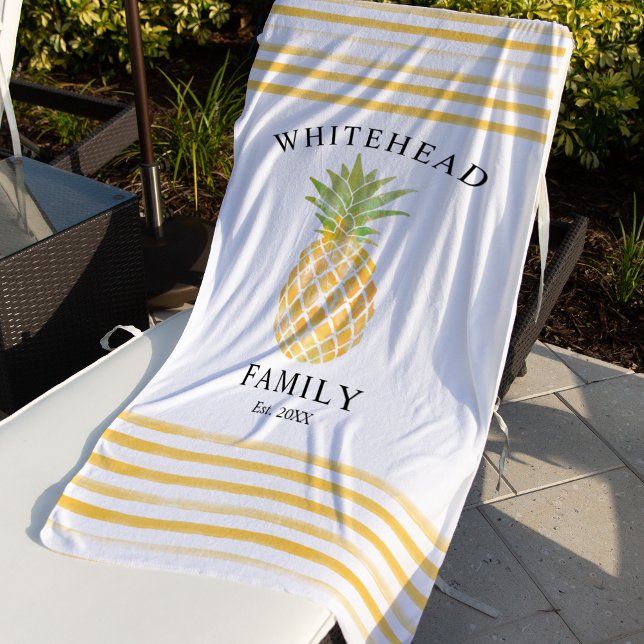 Tropical Pineapple Watercolor Pattern Family Beach Towel (You will love this custom tropical pineapple beach towel. This design features watercolor stripes.)