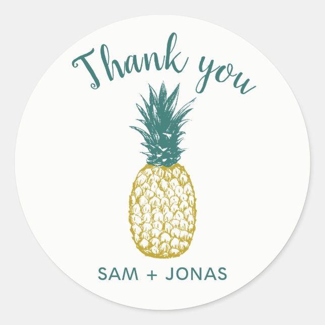 Tropical Pineapple Wedding Favour Thank You Classic Round Sticker (Front)