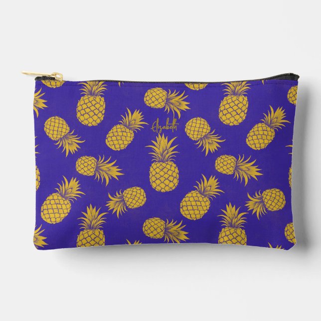 Tropical Pineapple with Name – Watercolor Style Accessory Pouch (Front)