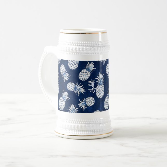 Tropical Pineapple with Name – Watercolor Style Beer Stein (Front Left)
