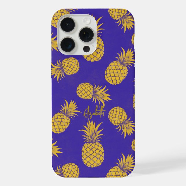 Tropical Pineapple with Name – Watercolor Style iPhone Case (Back)