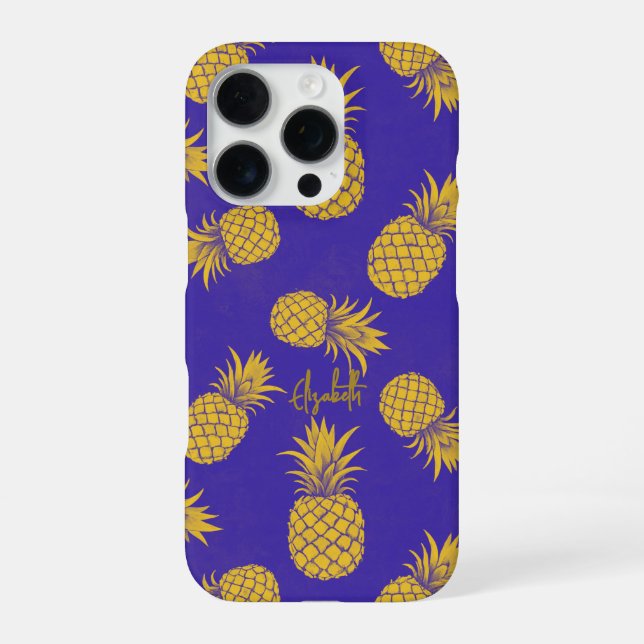 Tropical Pineapple with Name – Watercolor Style iPhone Case (Back)