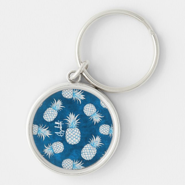 Tropical Pineapple with Name – Watercolor Style Keychain (Front)