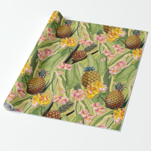 Tropical pineapples and flowers leaves jungle wrapping paper
