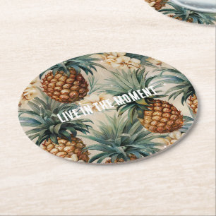 Tropical Pineapples Floral Round Paper Coaster