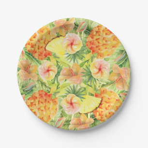 Tropical Pineapples Flowers Greenery Paper Plate