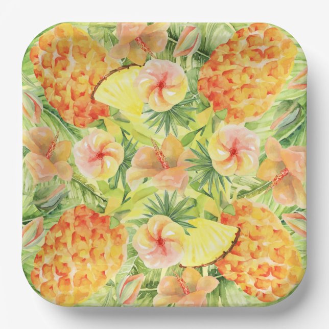 Tropical Pineapples Flowers Greenery Paper Plate (Front)