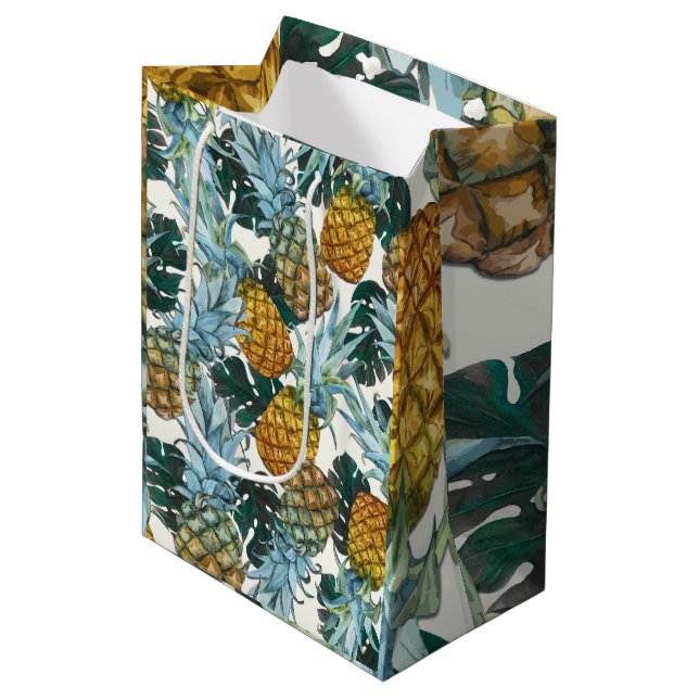 Tropical Pineapples & Leaves Exotic Birthday Party Medium Gift Bag (Front Angled)