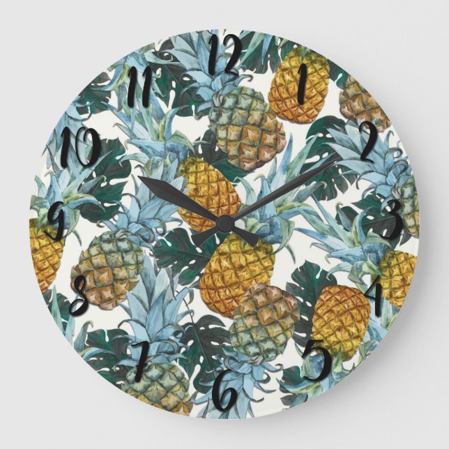 Tropical Pineapples & Leaves Exotic Island Large Clock (Front)