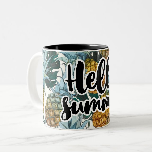Tropical Pineapples & Leaves Hello Summer Two-Tone Coffee Mug (Front Left)