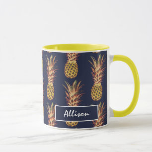 Tropical Pineapples Navy Blue Yellow Personalized Mug