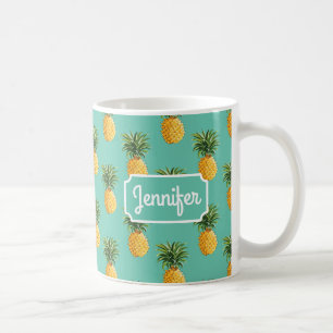 Tropical Pineapples On Teal   Add Your Name Coffee Mug