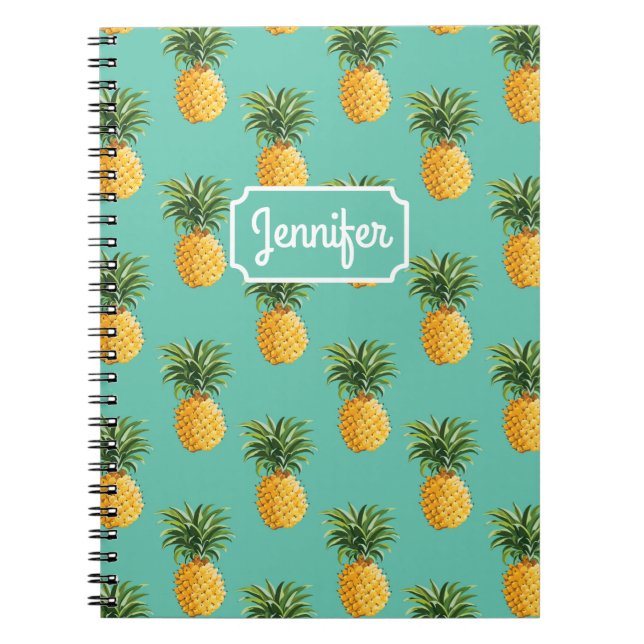 Tropical Pineapples On Teal | Add Your Name Notebook (Front)