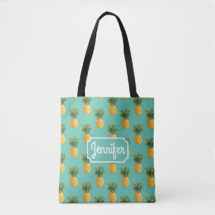 Tropical Pineapples On Teal Add Your Name Tote Bag