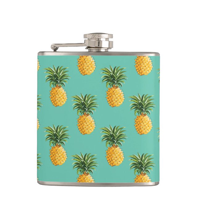 Tropical Pineapples On Teal Hip Flask (Front)