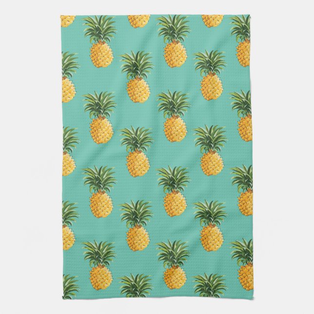 Tropical Pineapples On Teal Kitchen Towel (Vertical)