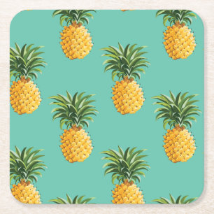 Tropical Pineapples On Teal Square Paper Coaster
