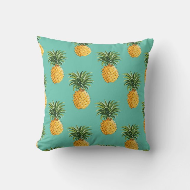 Tropical Pineapples On Teal Throw Pillow (Front)