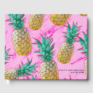 Tropical Pineapples & Pink Marble Chic Wedding Guest Book