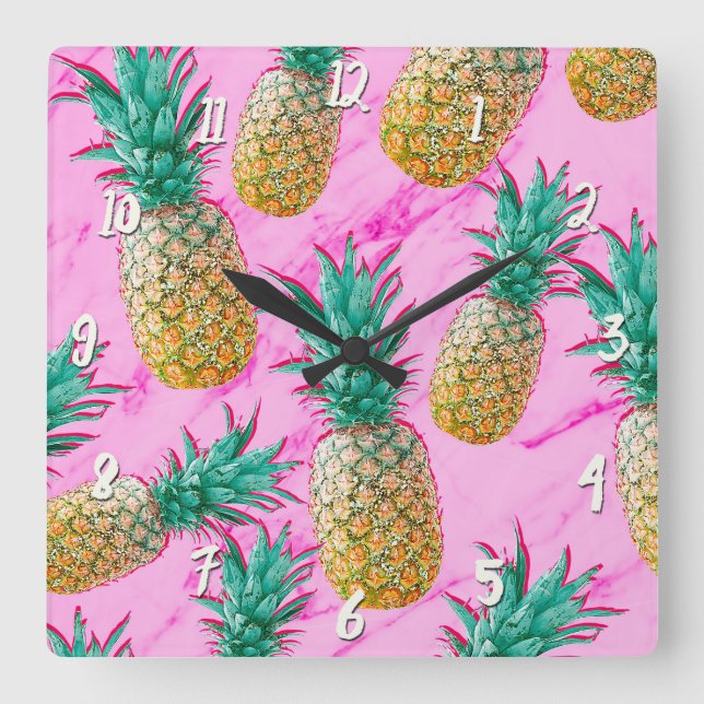 Tropical Pineapples & Pink Marble Modern Colorful Square Wall Clock (Front)