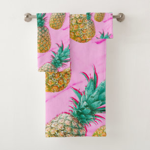 Tropical Pineapples & Pink Marble Modern Colourful Bath Towel Set