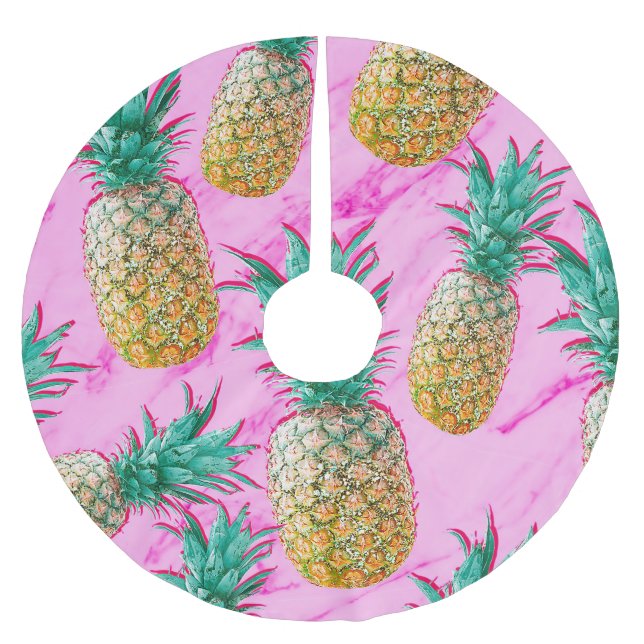 Tropical Pineapples & Pink Marble Modern Colourful Brushed Polyester Tree Skirt (Front)