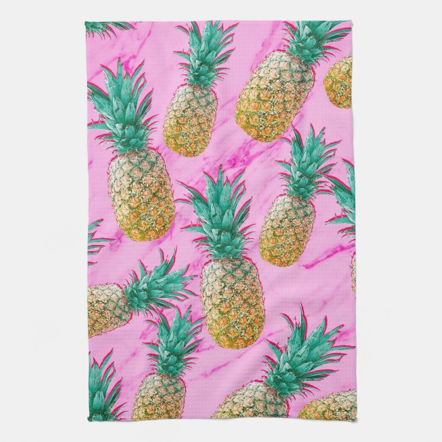 Tropical Pineapples & Pink Marble Modern Colourful Kitchen Towel (Vertical)