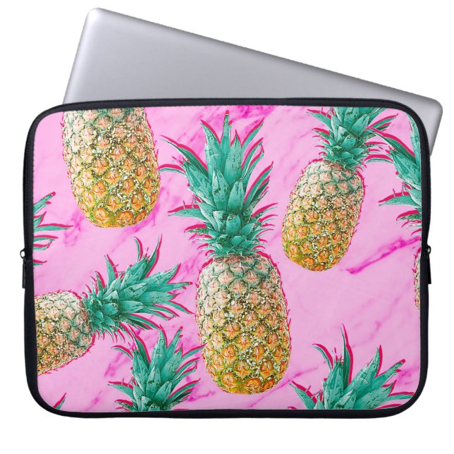 Tropical Pineapples & Pink Marble Modern Colourful Laptop Sleeve (Front)