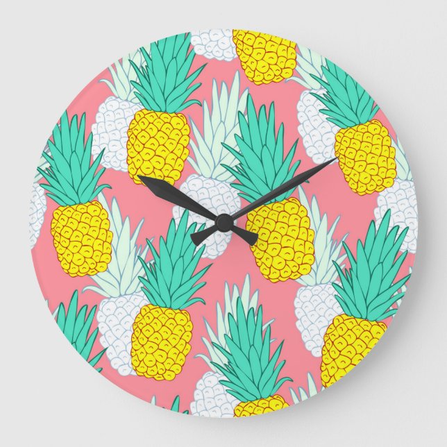 Tropical Pineapples: Red Cartoon Chic. Large Clock (Front)