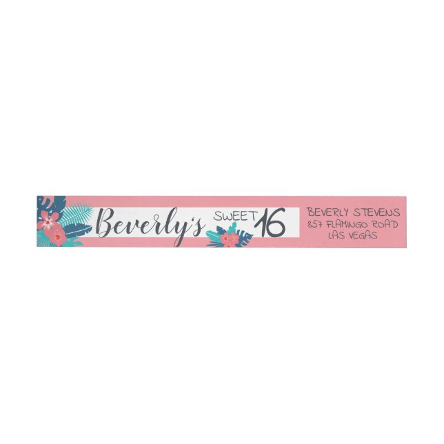 Tropical pink and blue floral sweet 16 wrap around label (Individual)
