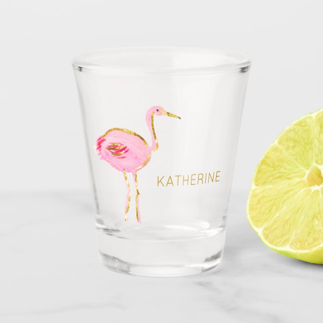 Tropical Pink and Gold Flamingo Personalized Shot Glass (Front)