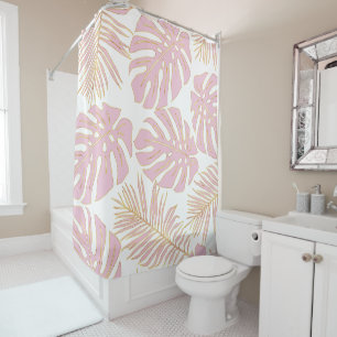 Tropical pink and gold monstera and  palm leaves
