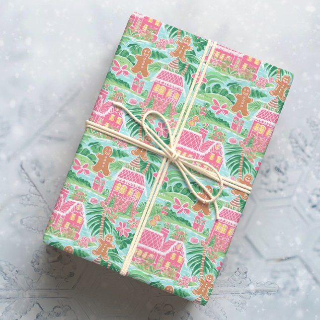 Tropical Pink and Green Christmas Gingerbread Town Wrapping Paper (Creator Uploaded)