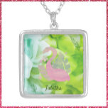 Tropical Pink and Green Flamingo and Palms Silver Plated Necklace<br><div class="desc">Gorgeous Florida colours on an abstract background with a flamingo and palms.  Blue,  green and salmon pink colours. Add your name to personalize.</div>