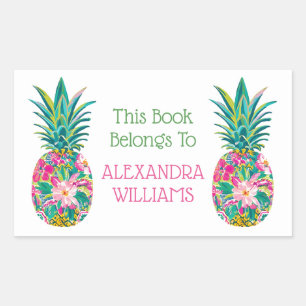 Tropical Pink and Green Floral Pineapple Bookplate Sticker